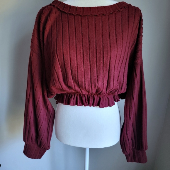 Peach Love California Tops - NWT Burgundy sweater cropped with ruffle trim- size large